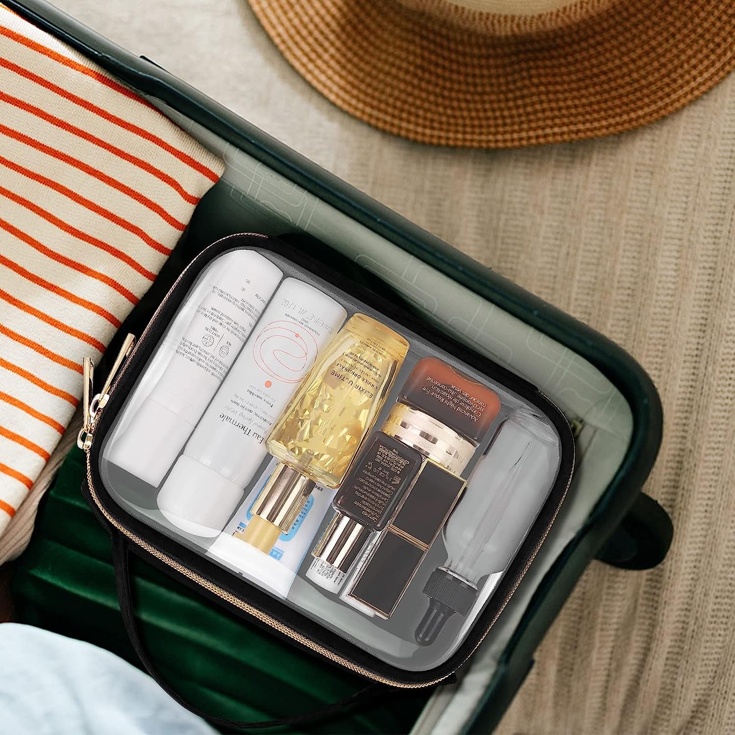  3 Pack Clear Makeup Bags with Handles, PVC Cosmetic Bags for Women and Men, Large Opening Toiletry Bags, Black