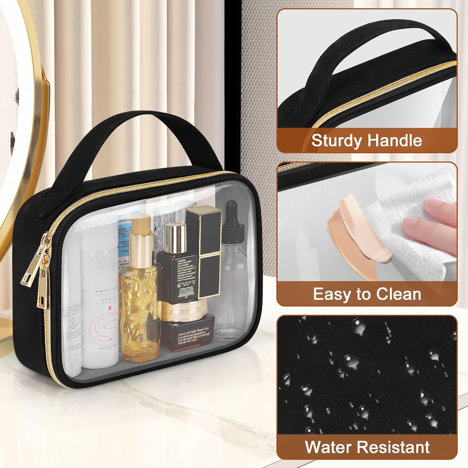  3 Pack Clear Makeup Bags with Handles, PVC Cosmetic Bags for Women and Men, Large Opening Toiletry Bags, Black