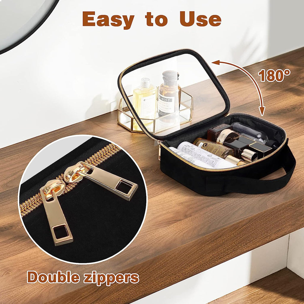  3 Pack Clear Makeup Bags with Handles, PVC Cosmetic Bags for Women and Men, Large Opening Toiletry Bags, Black